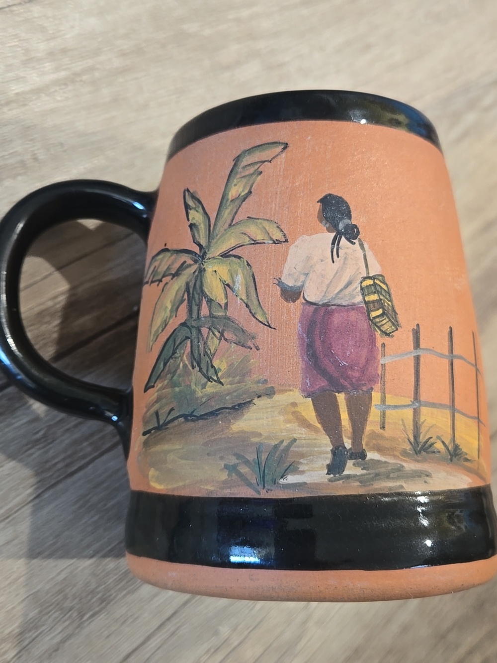 Vintage Hand-Painted Terracotta-Style Mug with Black Trim